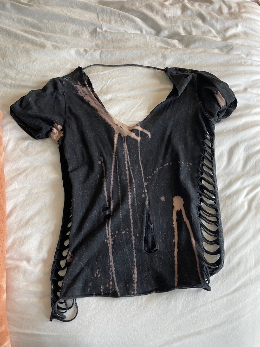 Affliction Black Distressed V-Neck Women's Top with Pink Bleach Detail, small - Picture 5 of 6